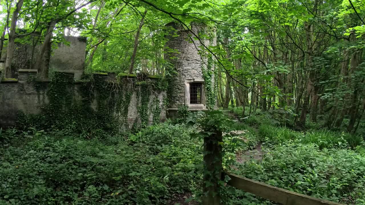 Magical hidden stone castle ruins surrounded by wild garlic woodland forest lush dense foliage