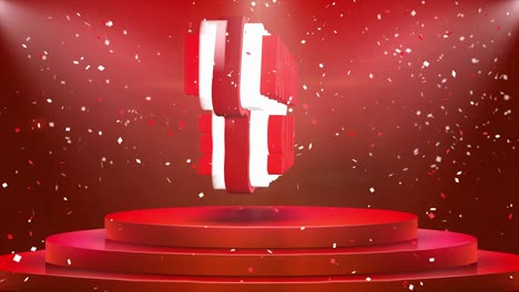 autumn sale text animation on 3d stage podium carpet. reval red curtain with abstract foil confetti blast, spotlight, glitter sparkles, loop 4k animation.