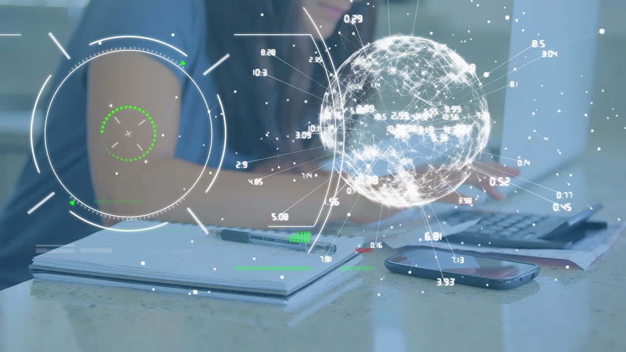 스트레스를 받는 여성이 재정을 계산하고 노트북을 사용하는 것에 대항하여 회전하는 지구를 스캔하는 범위