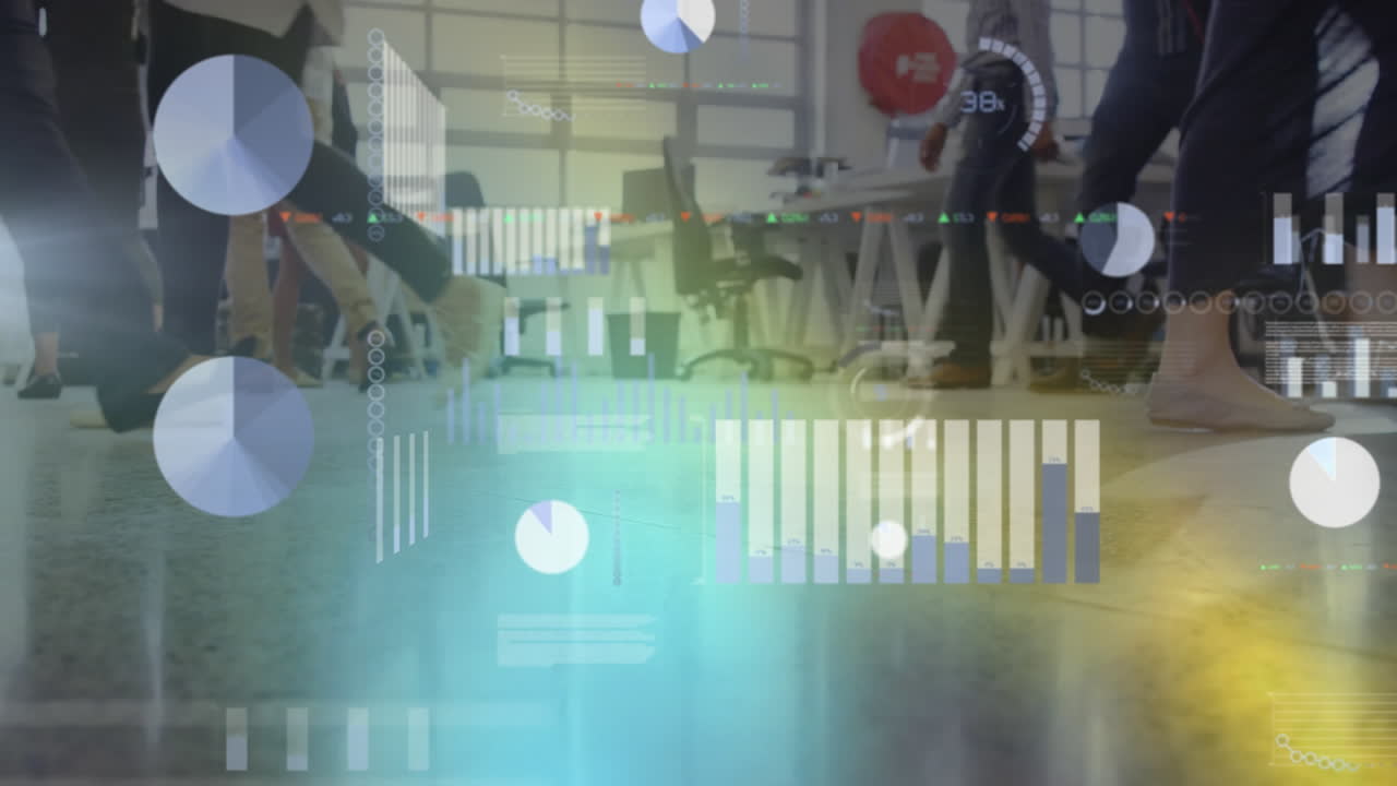 Animation of financial data processing over diverse business people