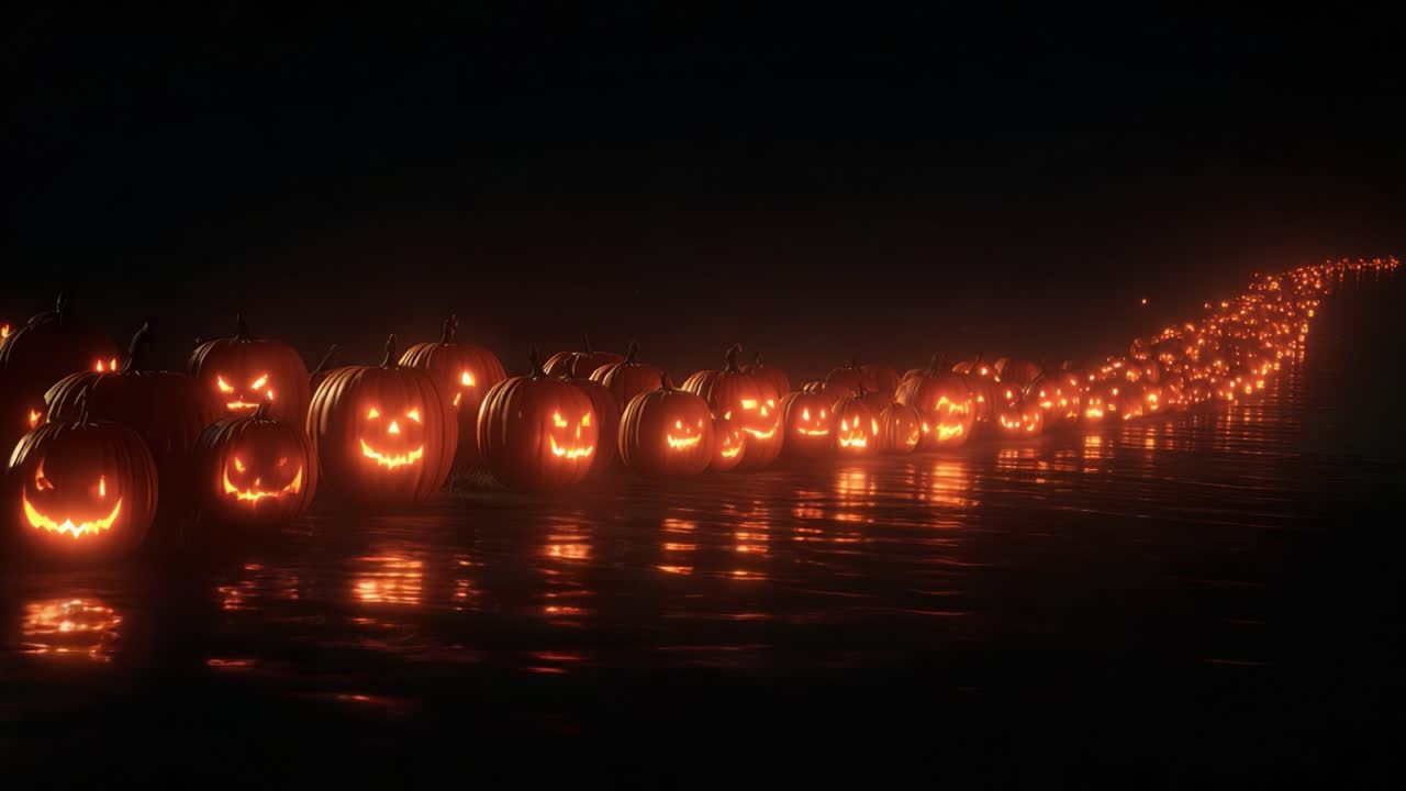 A Spooky Display of Glowing Jack-o'-Lanterns on a Dark Night: The Eerie Path of Pumpkins Illuminating the Murky Waters with Their Playful Grins