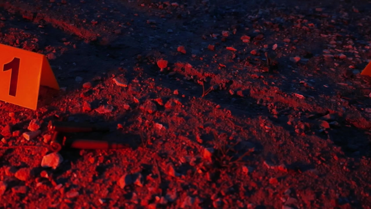 Segnalatori di reperti forensi posizionati accanto a bossoli a terra sulla scena del crimine, illuminati dalle luci rosse e blu lampeggianti di un veicolo della polizia durante un'indagine notturna.
