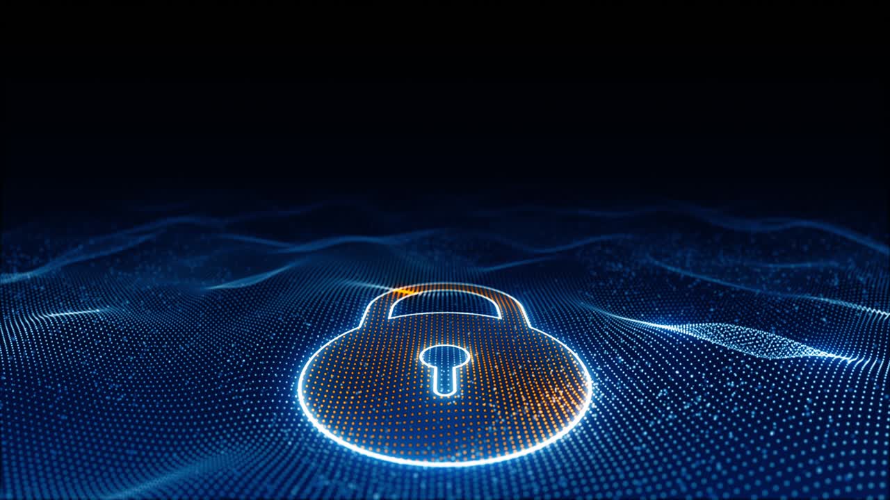 Motion graphic of Blue glowing particle wave with orange security key logo futuristic technology on abstract background seamless loop video