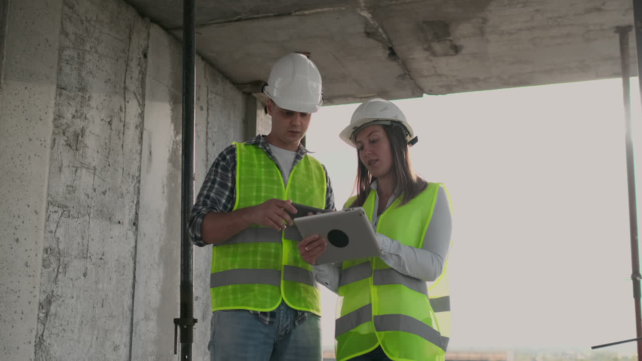 ingenieros diseñadores un hombre y una mujer de pie en el techo de un edificio en construcción y discutir el plan y el progreso de la construcción utilizando una tableta y un teléfono móvil. los constructores modernos discuten la infraestructura del edificio y el área circundante