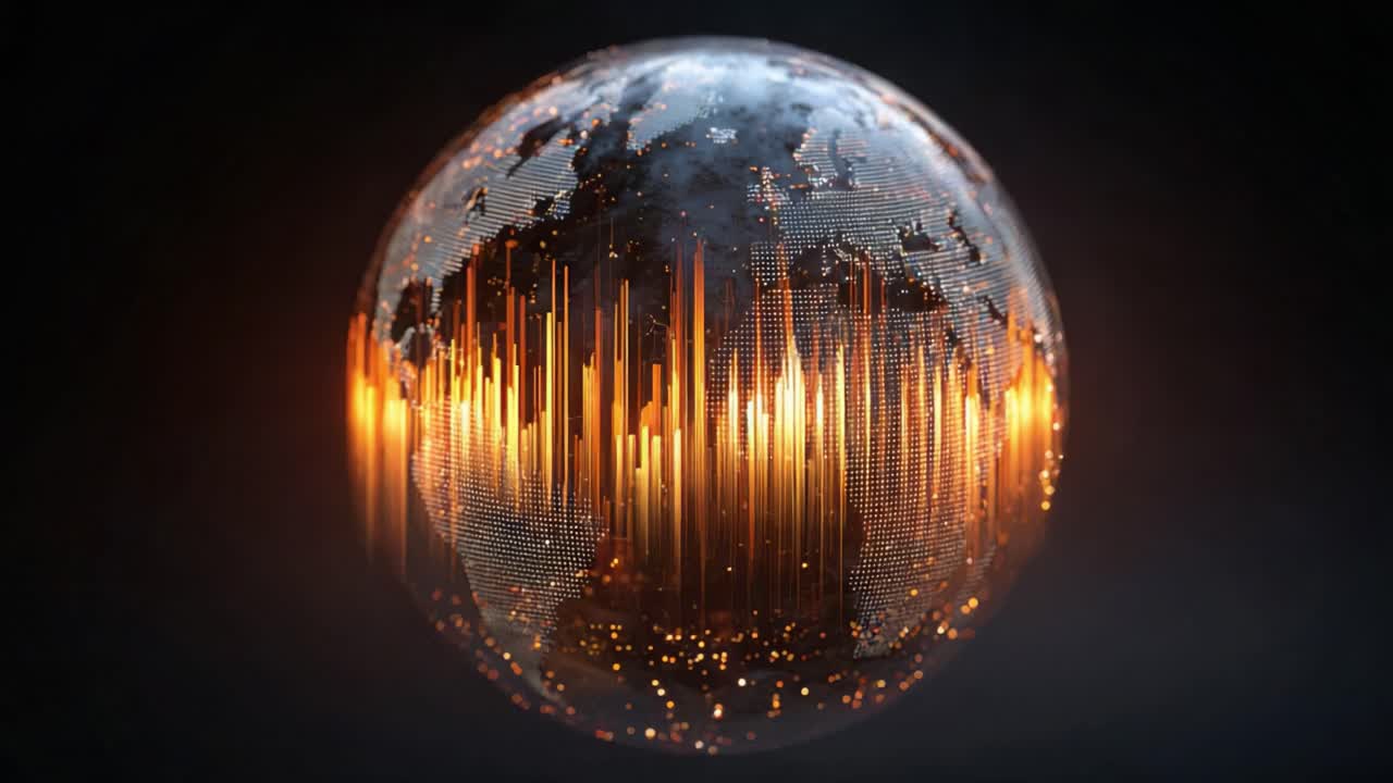 Abstract animation showing a stylized dotted earth globe spinning on a dark background, with glowing golden flames and smoke rising, symbolizing global warming and climate change