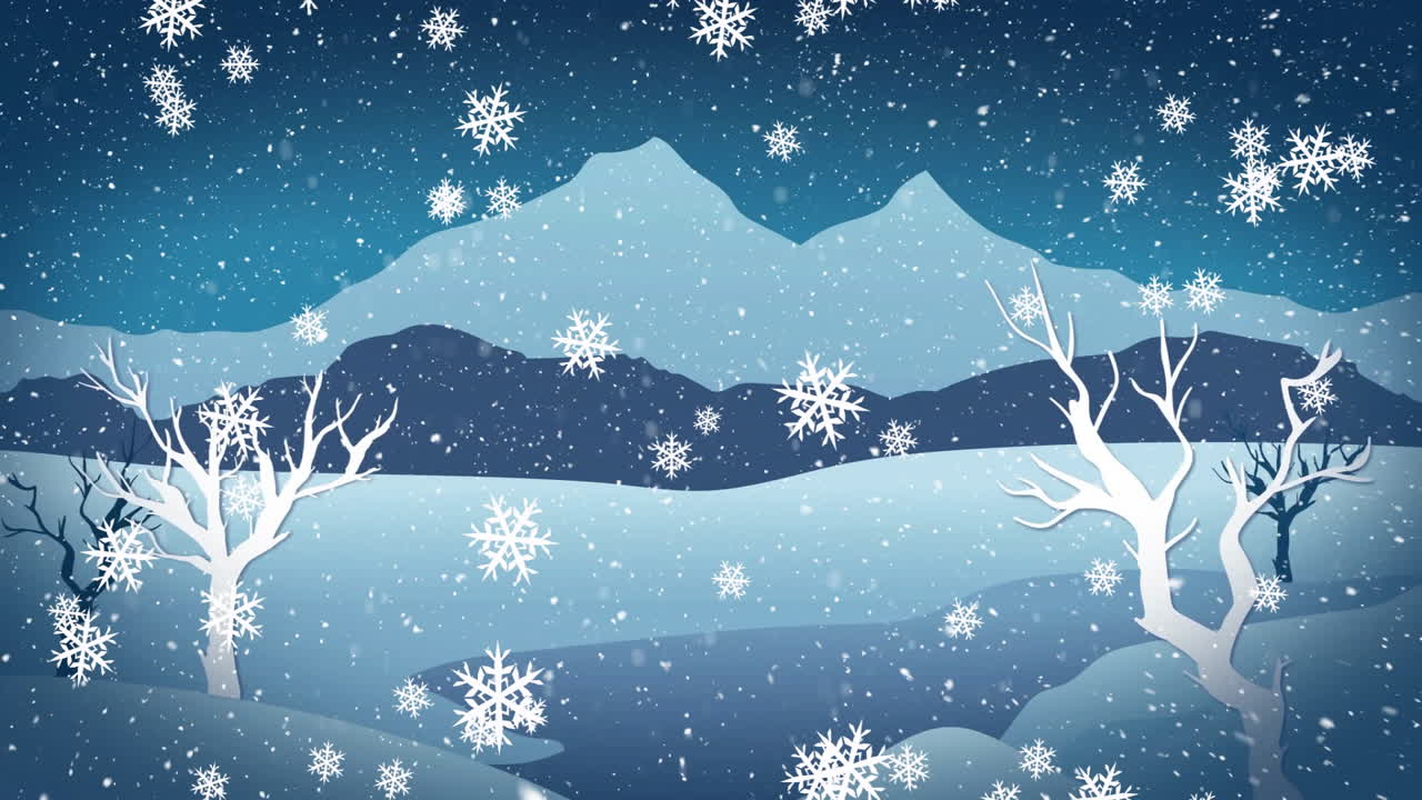 Snowflakes falling animation over snowy mountain landscape with bare ...