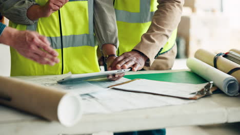 tablet, architecture and construction worker