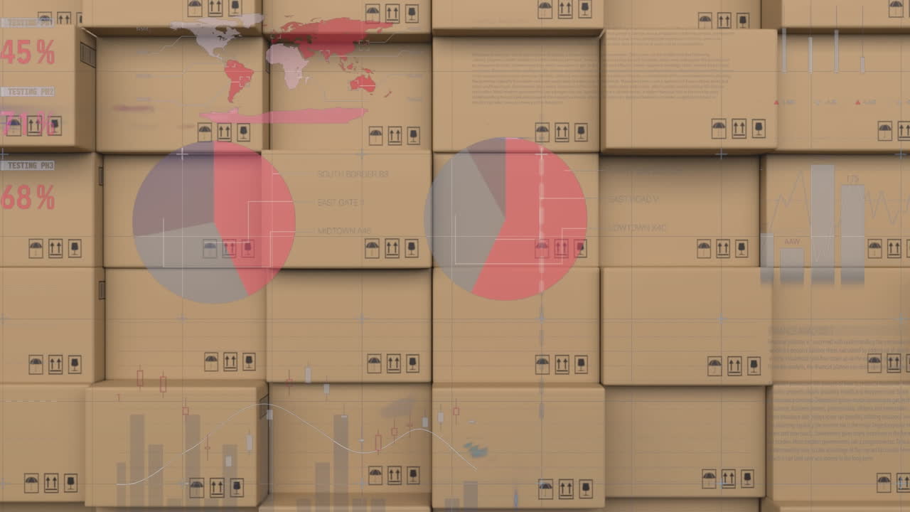 Animation of statistics processing over stack of boxes