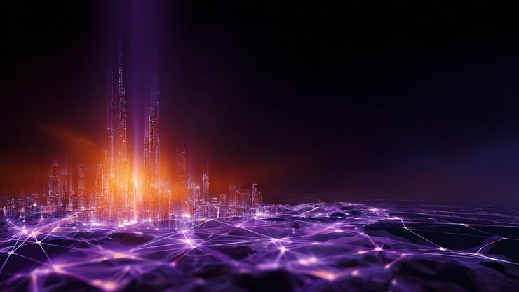 Un paesaggio urbano futuristico illuminato da luci radiose, con una rete di connessioni luminose che si estende sul terreno, a dimostrazione dell'energia vibrante e della tecnologia avanzata di un mondo virtuale