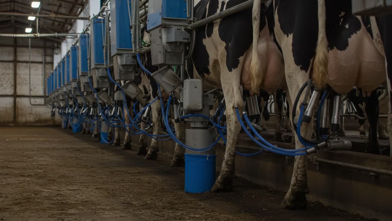 A Modern Dairy Farming Scene Featuring Automated Milking Equipment and Cows, Showcasing the Efficient Process of Milk Production in an Indoor Barn Environment