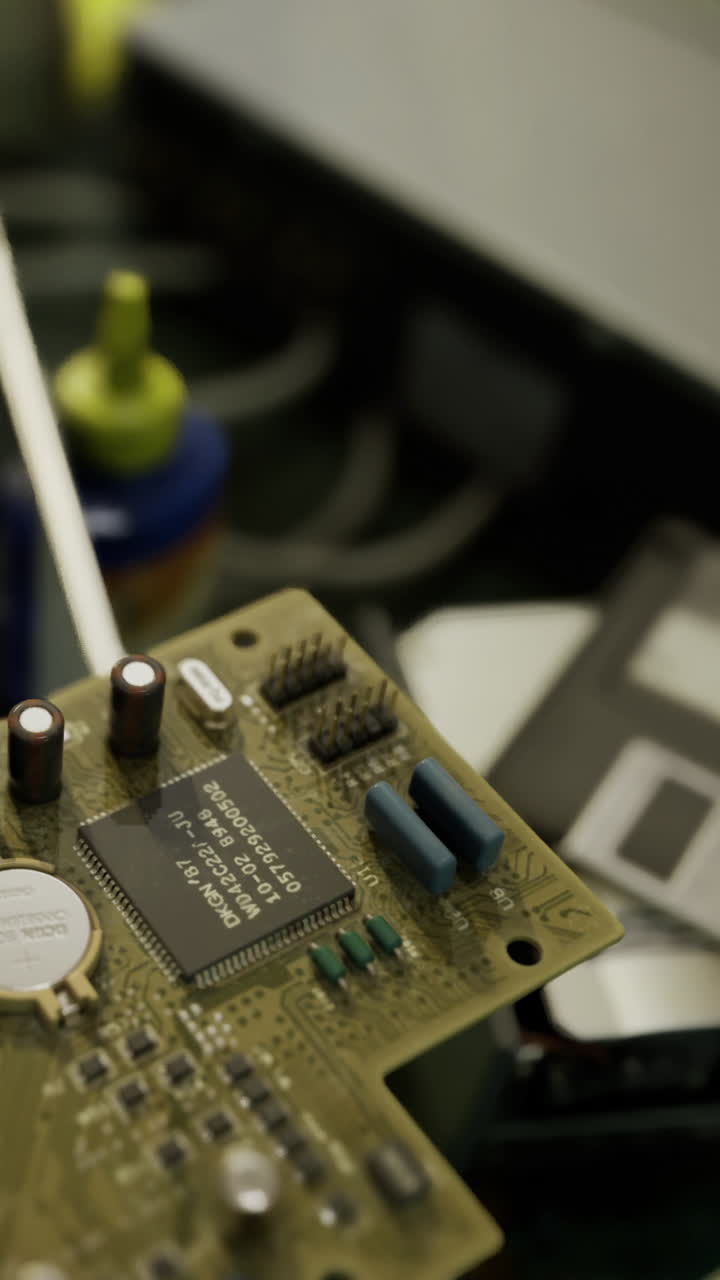 Old electronics and circuit board on a work surface with tools