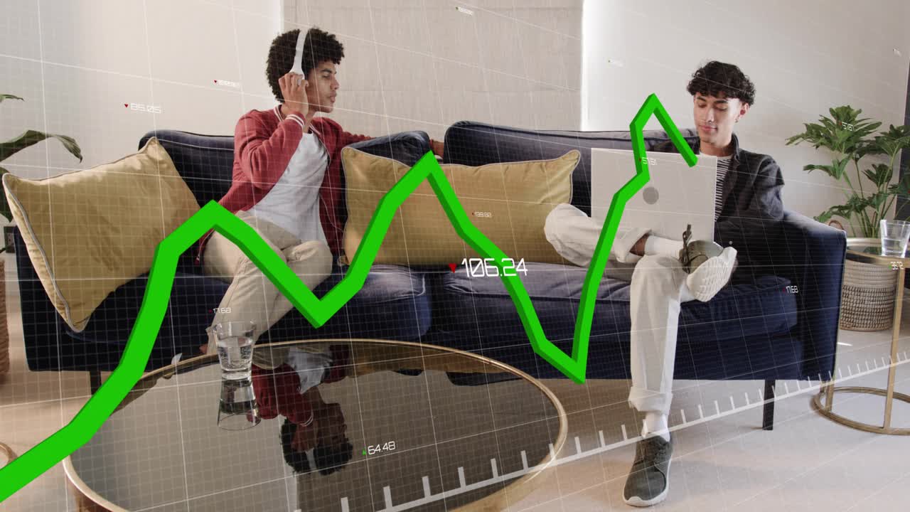 Two men reacting on sofa while green finance chart appearing, updating ticks, tracking rise