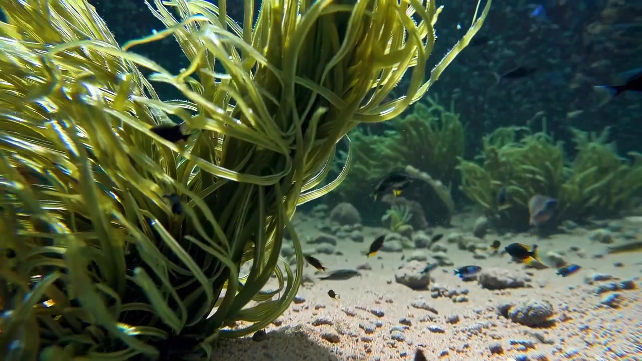 Vibrant Green Aquatic Plants Swaying Gently Underwater with Small Fish