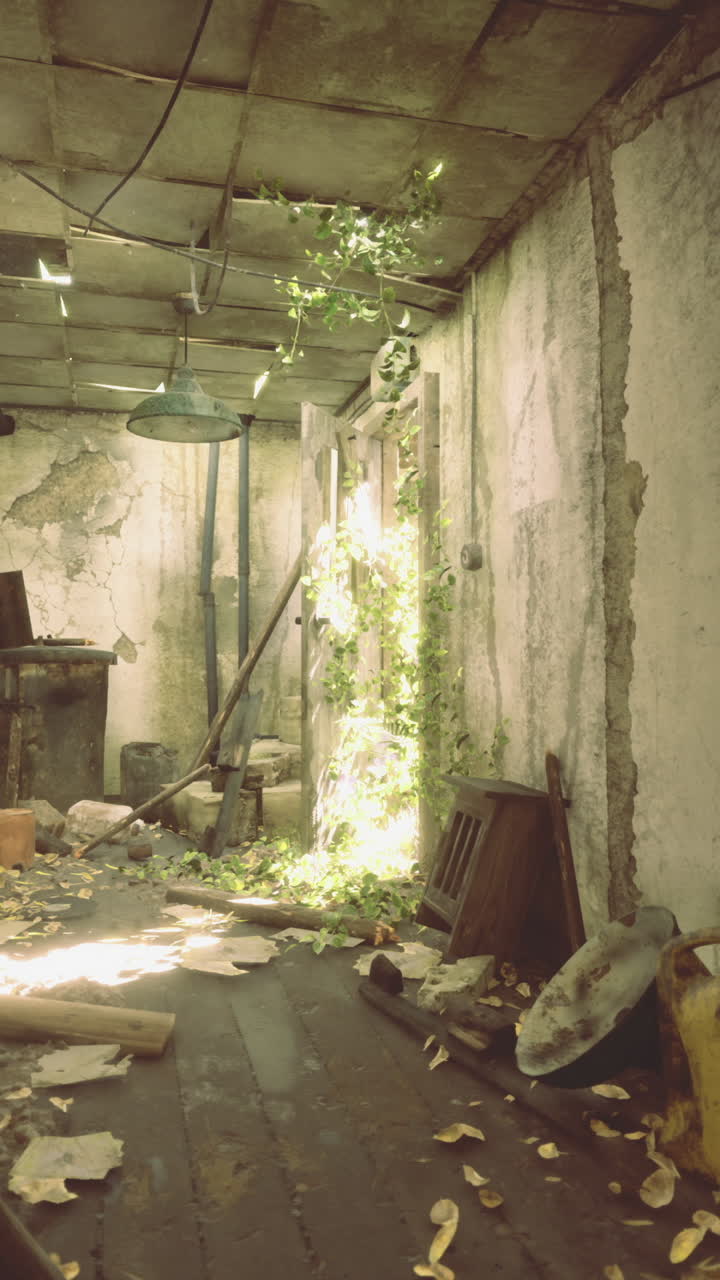 Abandoned hallway overtaken by nature in a derelict building