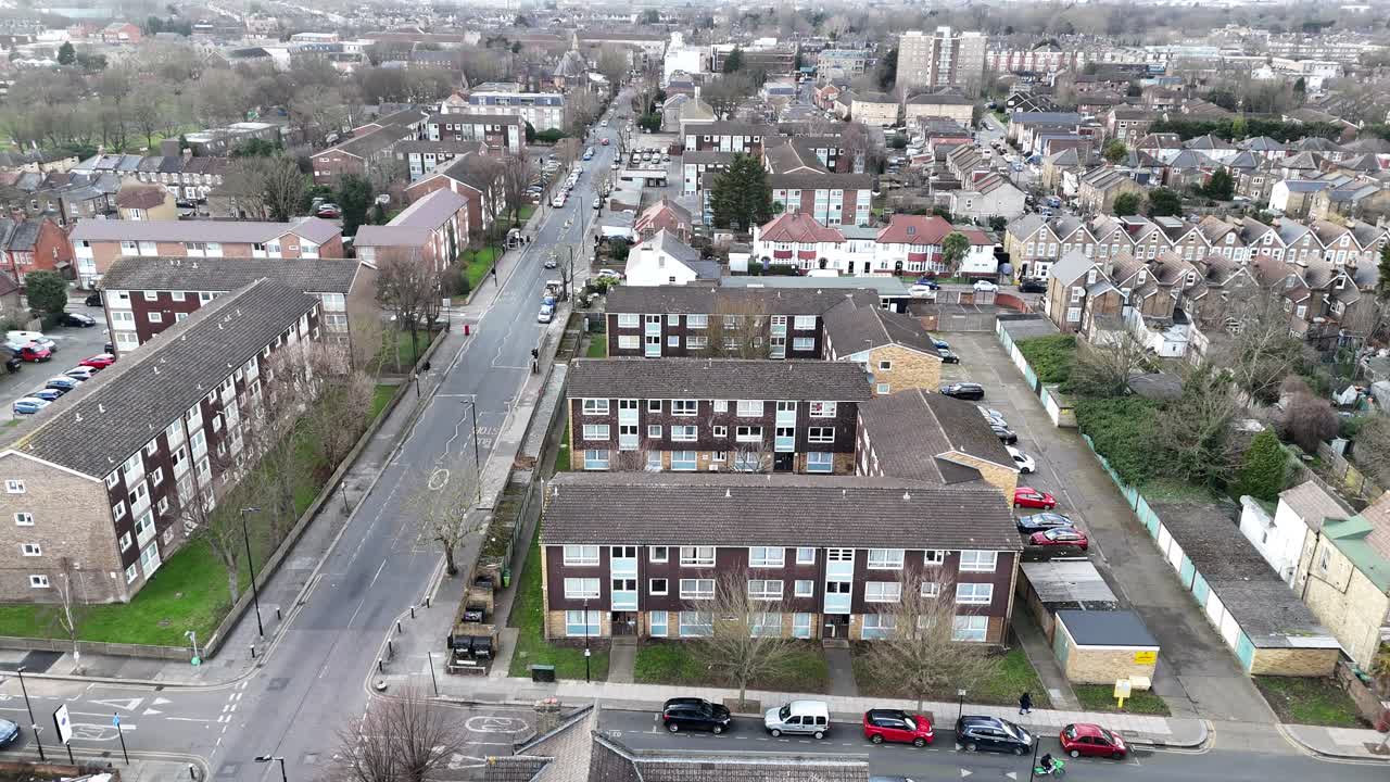 Council housing Tottenham North London UK pull back drone aerial reveal