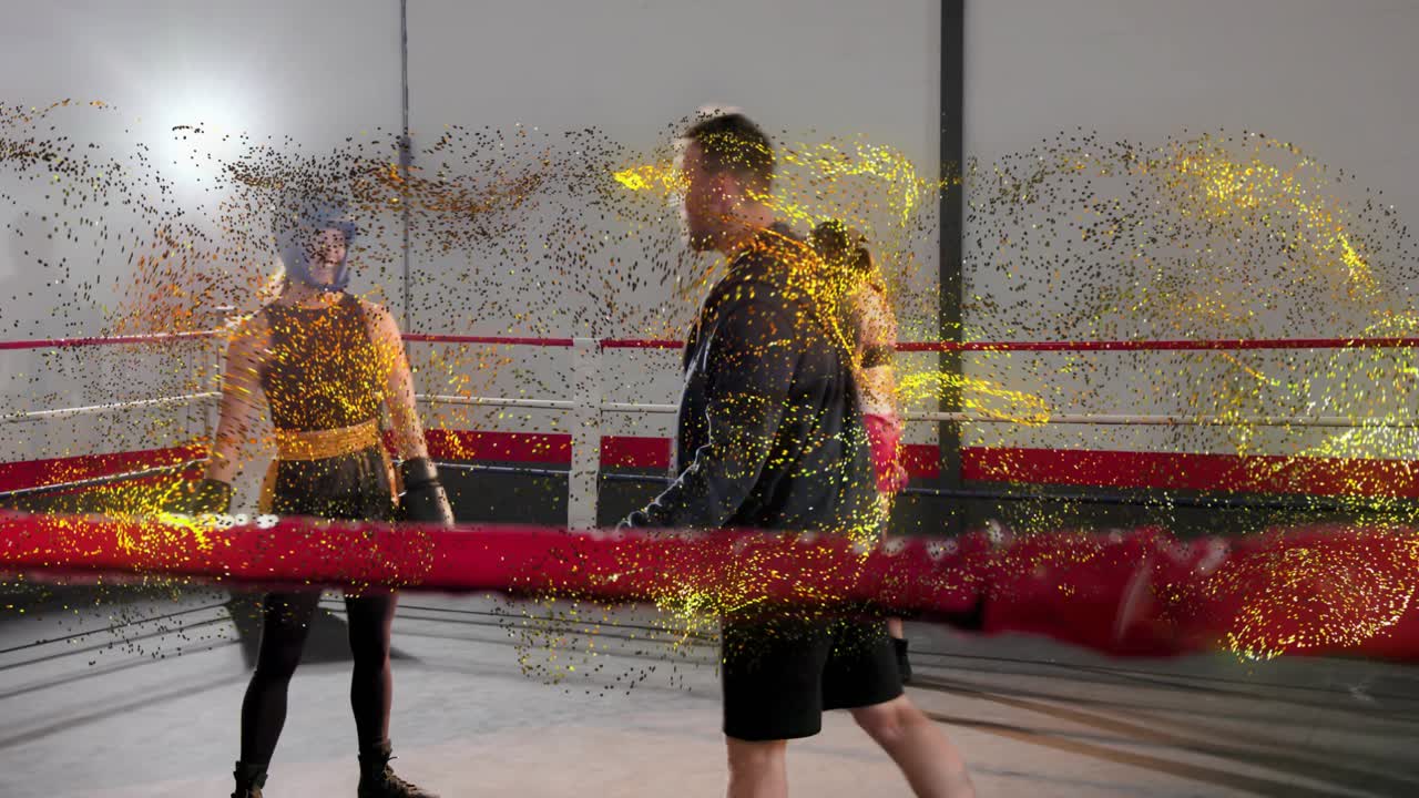 Boxers shifting in ring as gold particles appearing, coach raising winner hand declaring sports win