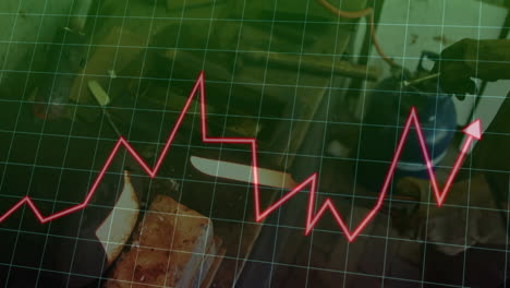 metalworker holding hot bar above anvil with animated red graph rising indicating industry growth