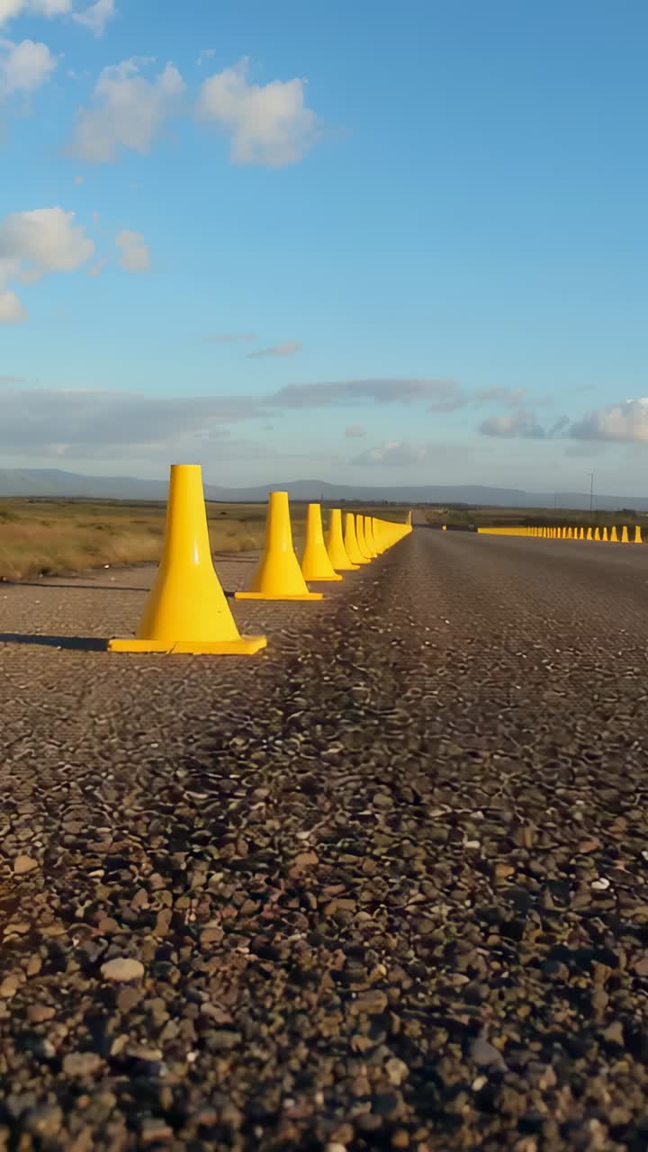 Vertical video: Gliding low camera starting toward yellow cones on asphalt road showing texture