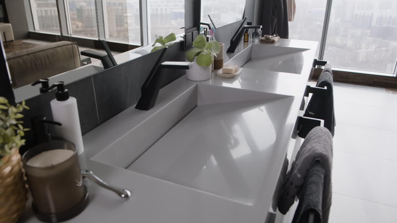 Modern Double Sink Bathroom with City View
