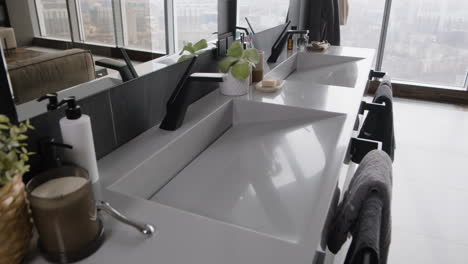 modern double sink bathroom with city view