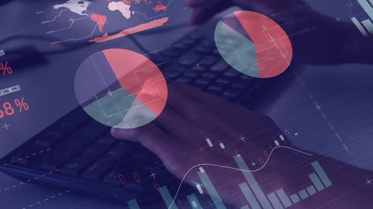 procesamiento de datos estadísticos y financieros contra la sección media de la persona que escribe en el teclado