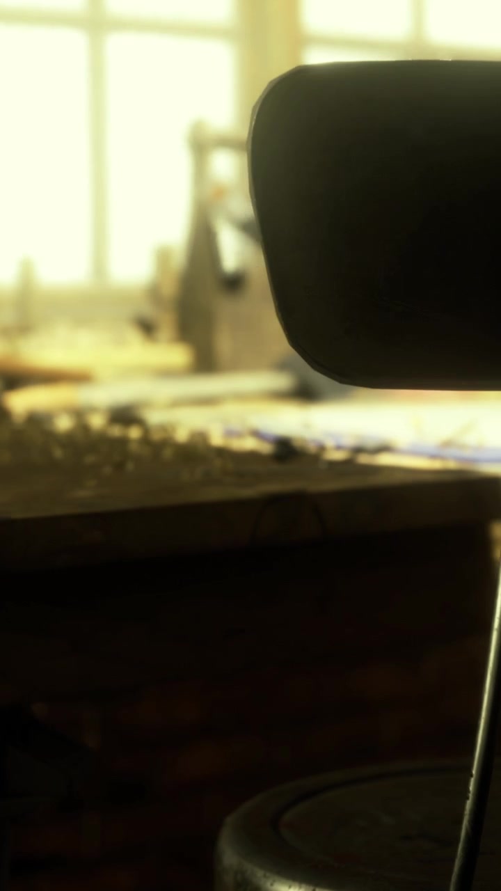 Workshop scene shows tools and workspace with sunlight in background