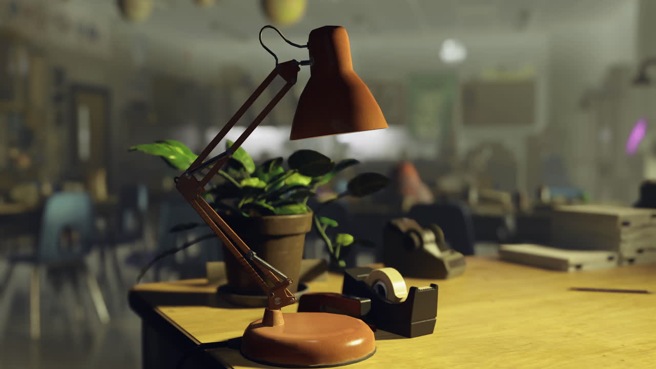 Desk lamp illuminates workspace in a classroom with plant and tape dispenser