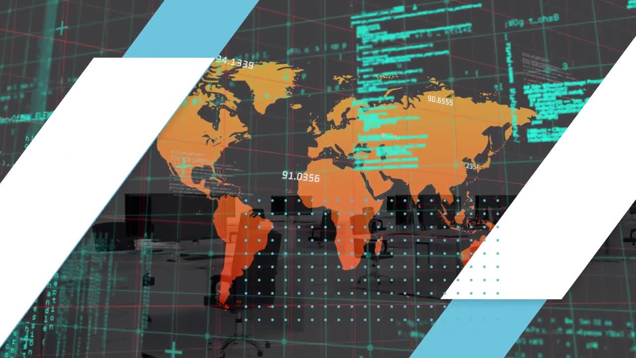 animación de un patrón abstracto, lenguaje informático sobre un mapa contra una sala de reuniones vacía de la oficina