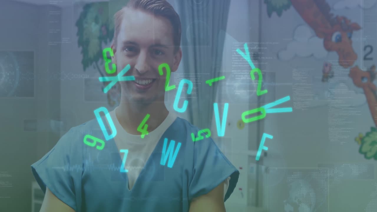 animación de los números cambiando y ámbitos en las pantallas sobre el médico masculino