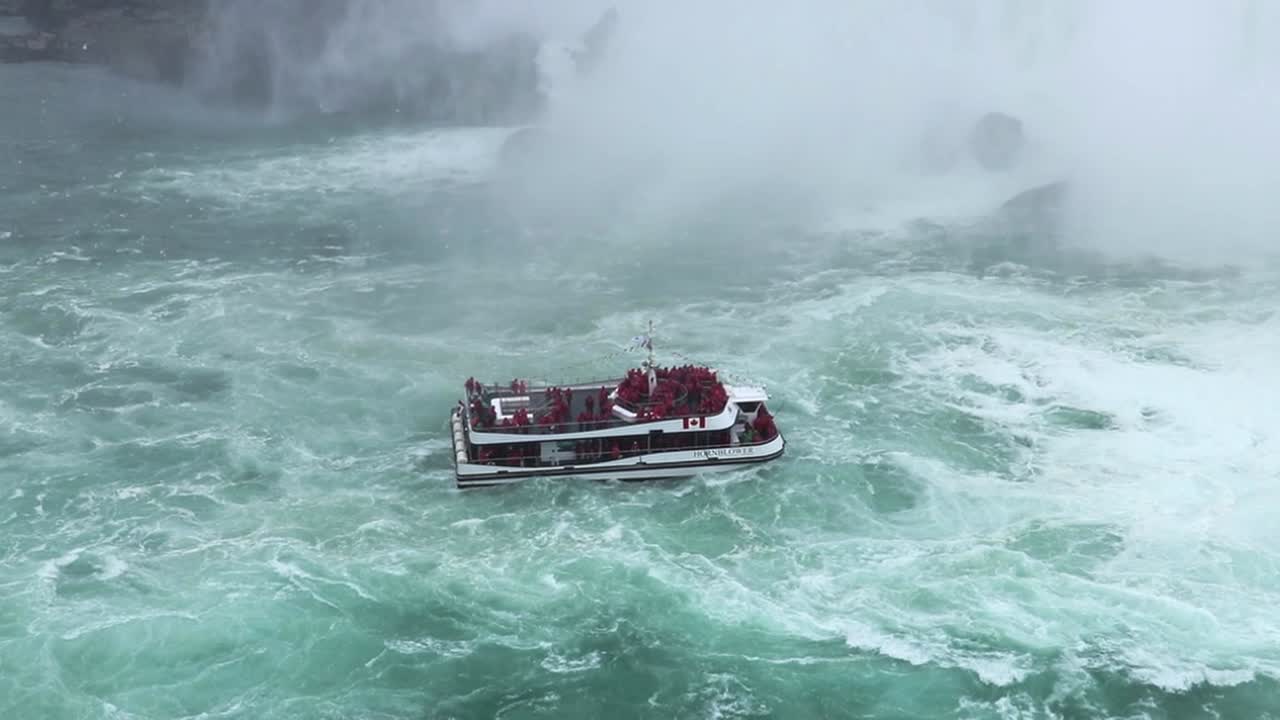 Canadian Red Maid of the Mist Vessel venturing under the Niagara Falls, Aerial View