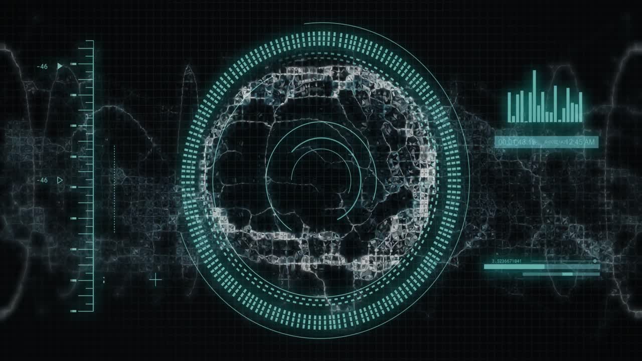 Animation of data processing and human brain over scopes scanning