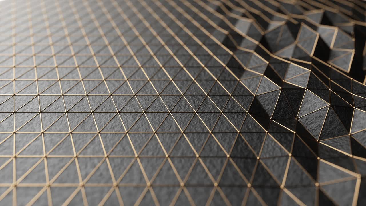 abstracto bucle sin costuras cg baja superficie negra poligonal. líneas triangulares geométricas. fondo de tecnología de renderización de movimiento 3d. segmentos de triángulo. telón de fondo de lujo. líneas de marco de alambre de neón dorado