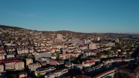 Incredible-aerial-view-of-Zurich-city-above-Limmat-river,-Switzerland,-day