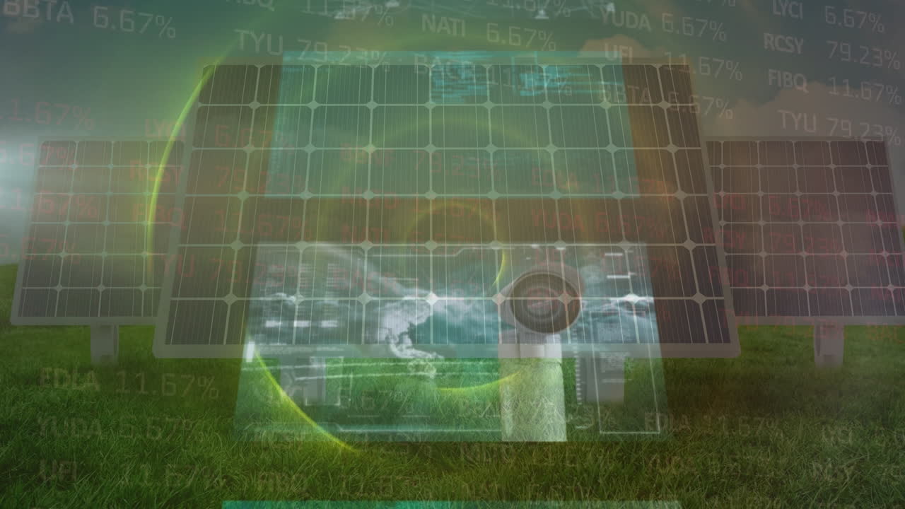 Animation of globe of connections and data processing over solar panels