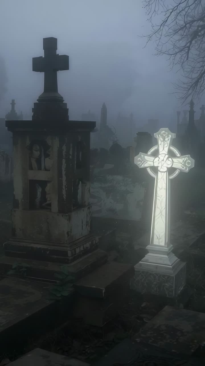 Vertical video: Panning foggy cemetery revealing weathered and white crosses and tree silhouettes