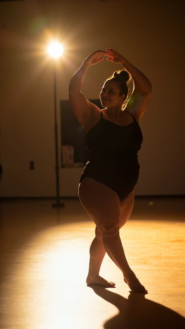 Ballerina curvy in posa con grazia in uno studio retroilluminato