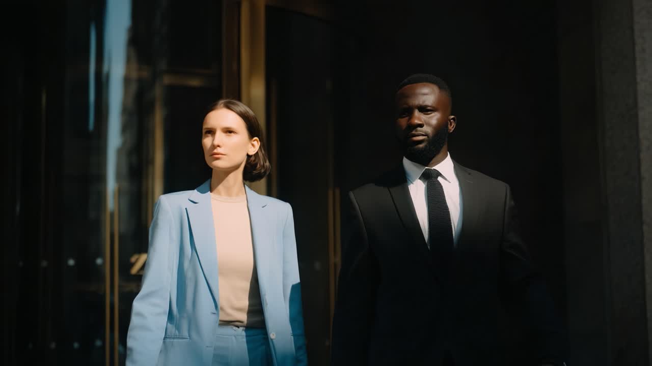 Stylishly Confident Duo Exiting a Building in Elegant Attire, Showcasing Professionalism and Modern Fashion in Urban Setting