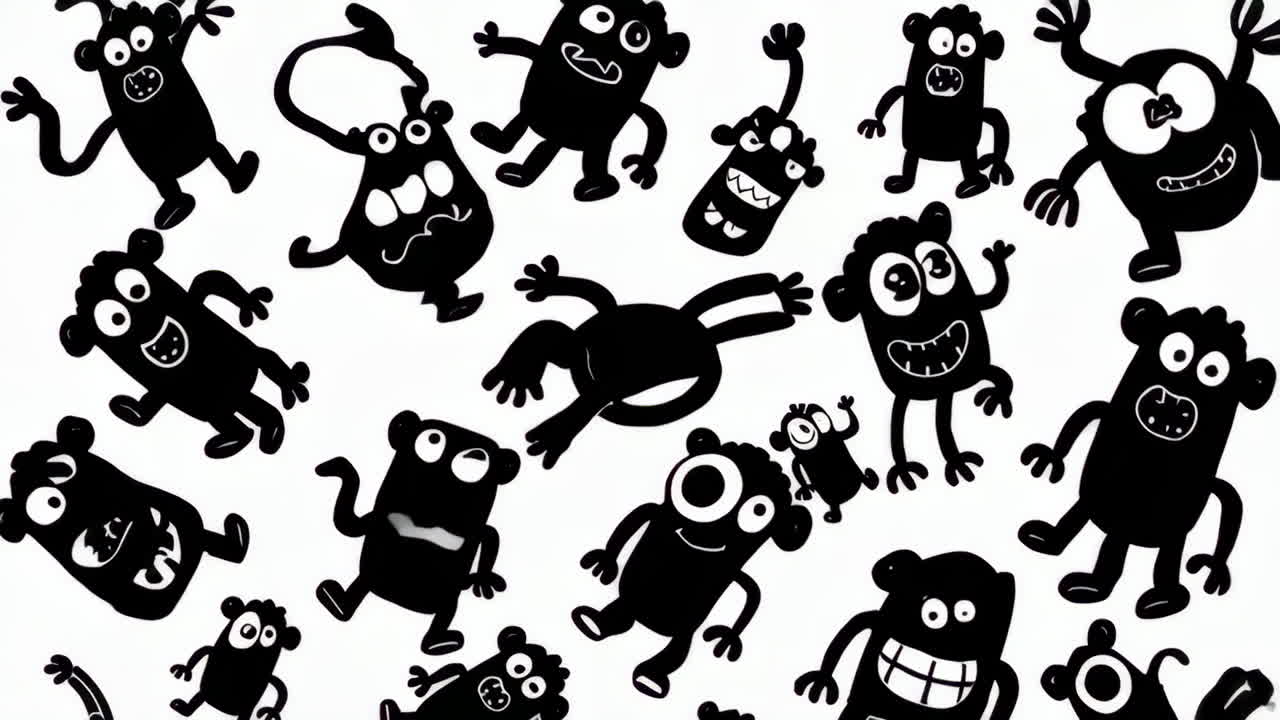 Collezione di mostri dei cartoni animati giocosi in bianco e nero