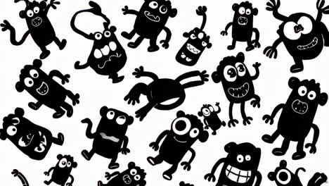 collection of playful black and white cartoon monsters