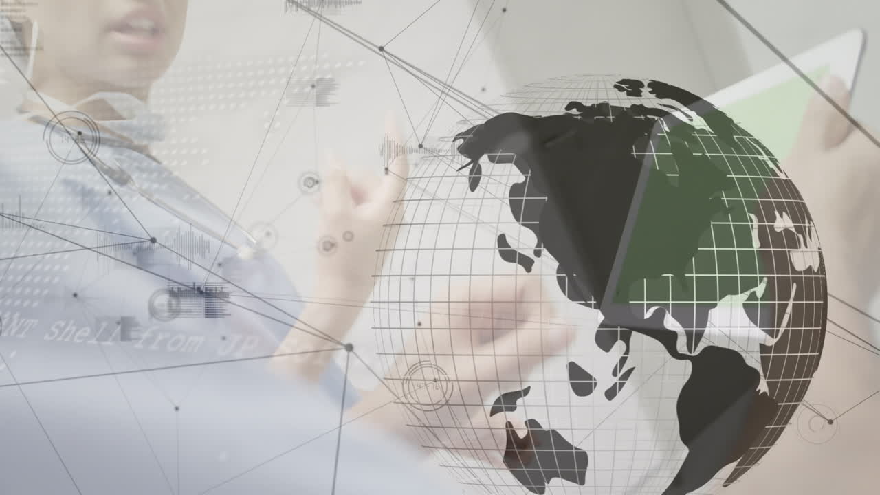 red de conexiones y globo sobre cirujano masculino y femenino usando tableta digital en el hospital