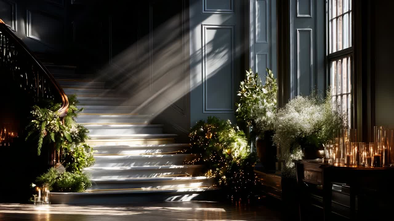 A Beautiful Evening Ambiance with Soft Light Streaming Through the Windows, Illuminating the Quaint Stairs and Lush Greenery Decorated with Candlelight in an Elegant Interior Space