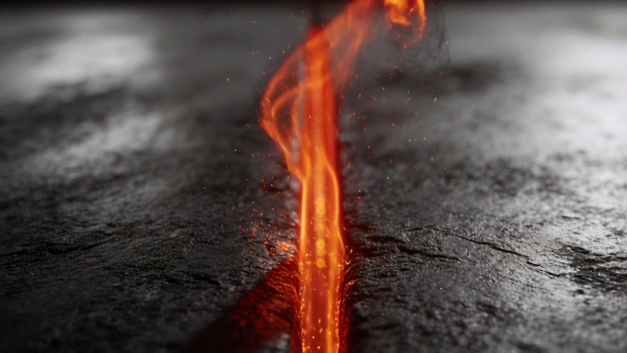 Showing vertical fissure venting molten heat and sending flame upward in close-up, with embers