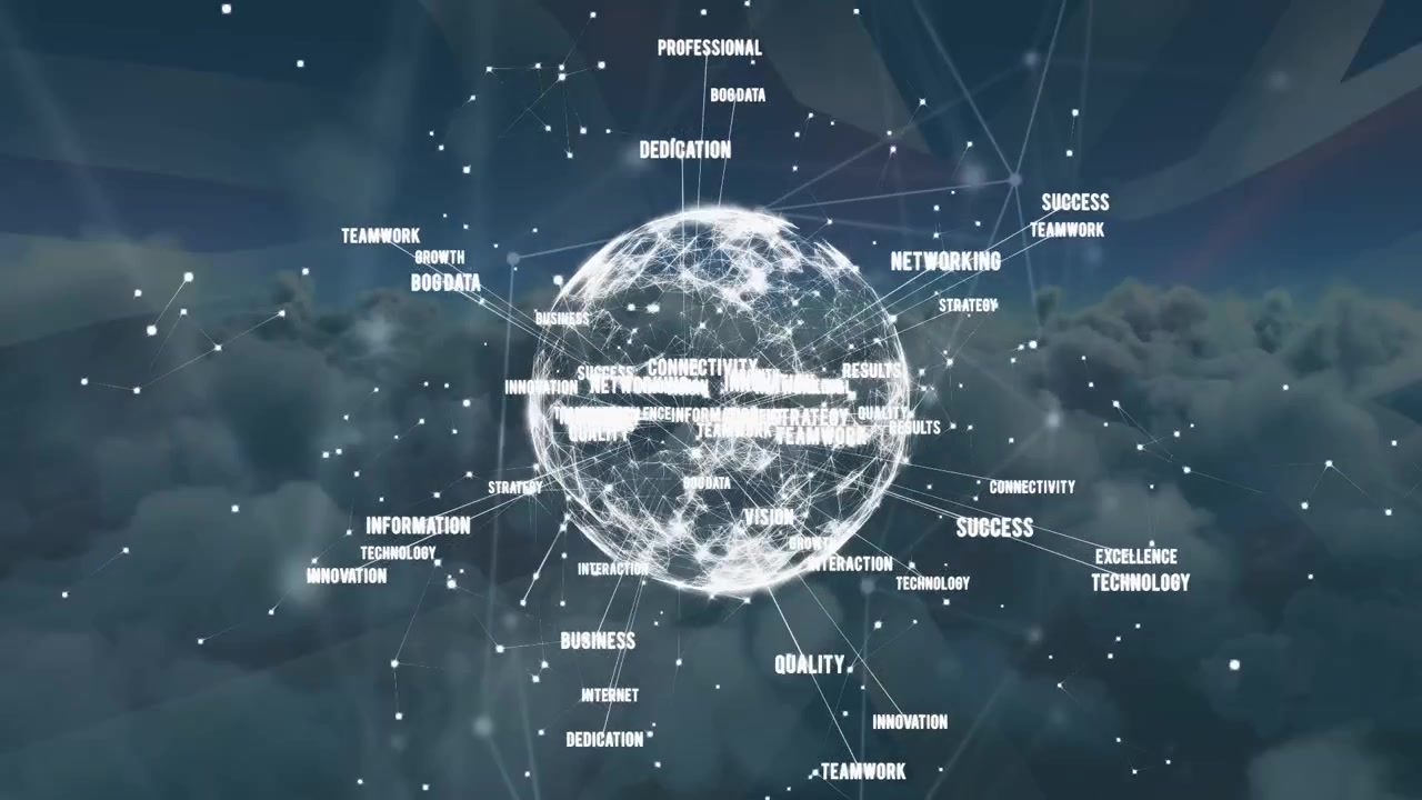 Animation of network of connections with business text over british flag and globe