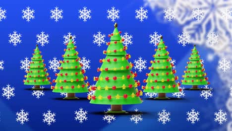 Animation-of-snowflakes-and-christmas-trees-on-blue-background