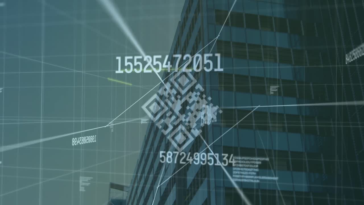 Animation of qr code and numbers over cityscape