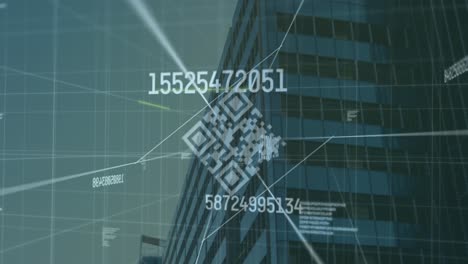 animation of qr code and numbers over cityscape