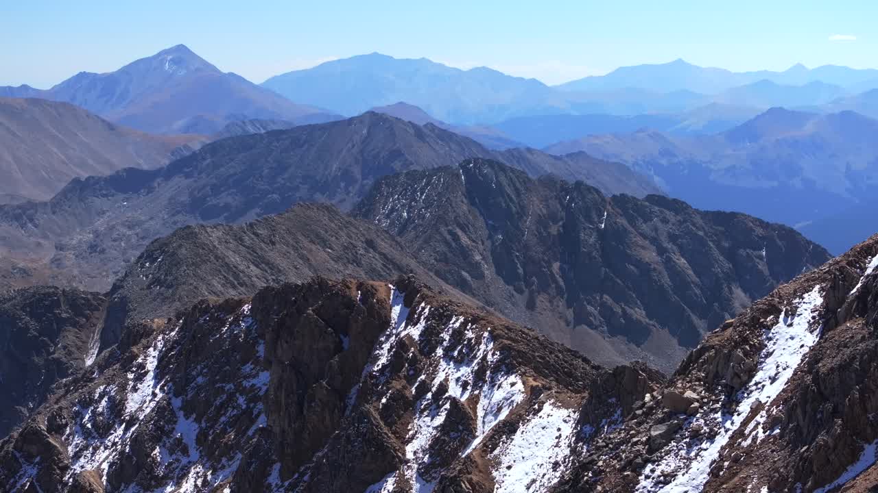 Glacier snow Huron Peak summit 14er Collegiate Peaks rugged Rocky Mountains layers Colorado drone aerial hike summer fall autumn Three Apostles La Plata Buena Vista sunny bluesky forward pan up motion