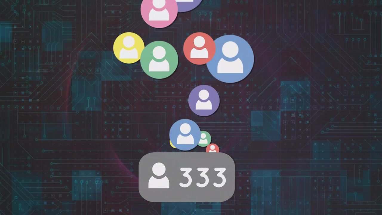 Animation of media icons and data processing on black background