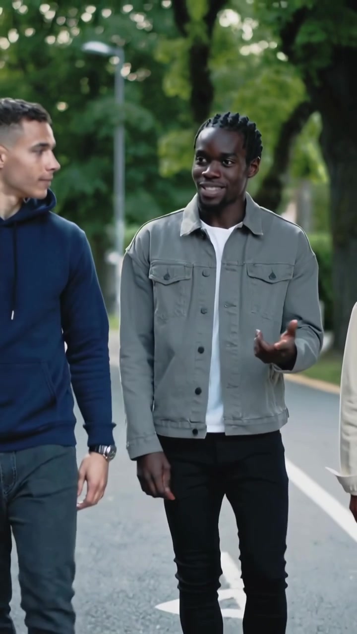 Vertical video: Walking man in gray jacket smiling at left friend, talking and gesturing on street