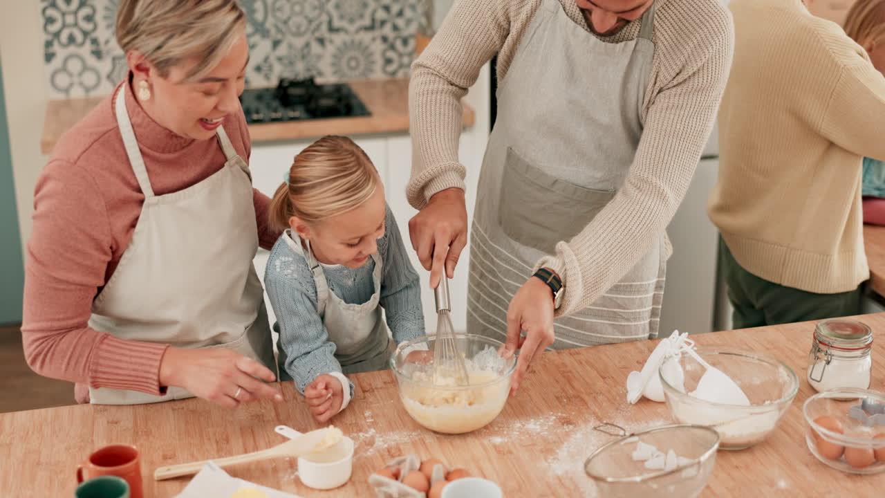 Happy family, teaching or kid baking with parents